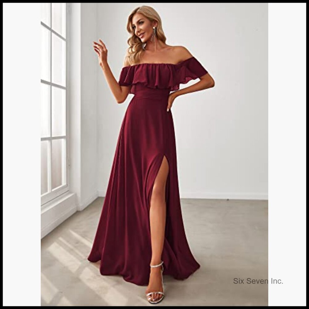 Off Shoulder Side Split High Waist Flowy Chiffon … - image 4